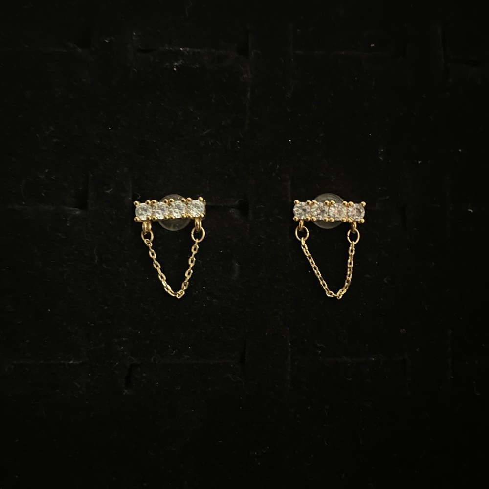 Gold Chain CZ Bar Drop Earrings